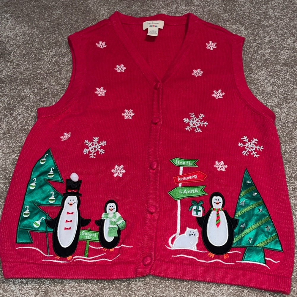 BECHAMEL Penguin Cat Embroidered Ugly Sweater Vest - size XL. Z